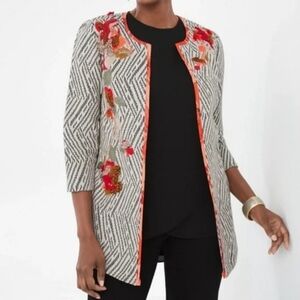 Chico’s Artisan Appliqué Jacket Black White Women's Size 0 Small Bohemian